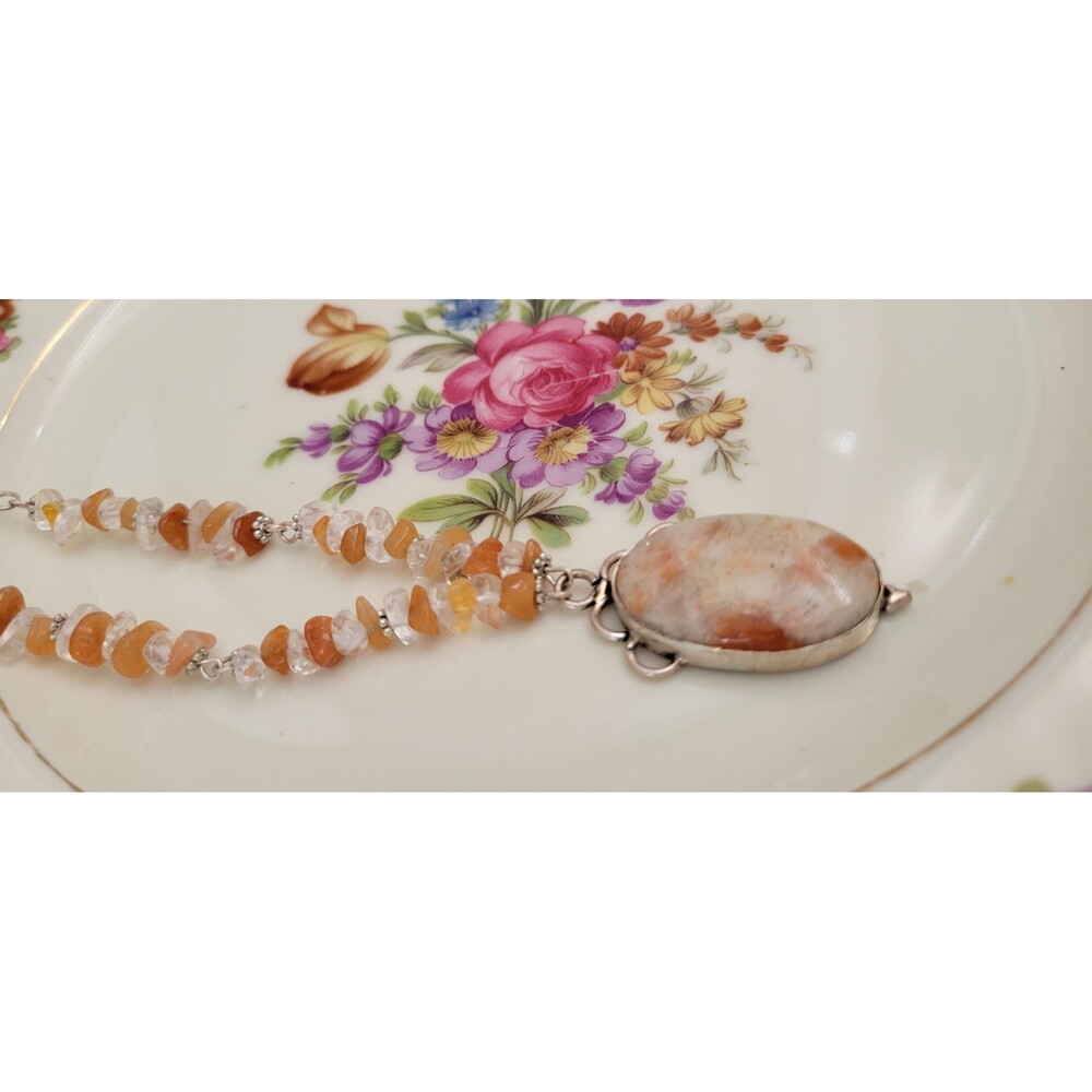 Sunstone Pendant with Orange Carnelian & Crystal Quartz Beaded Necklace
